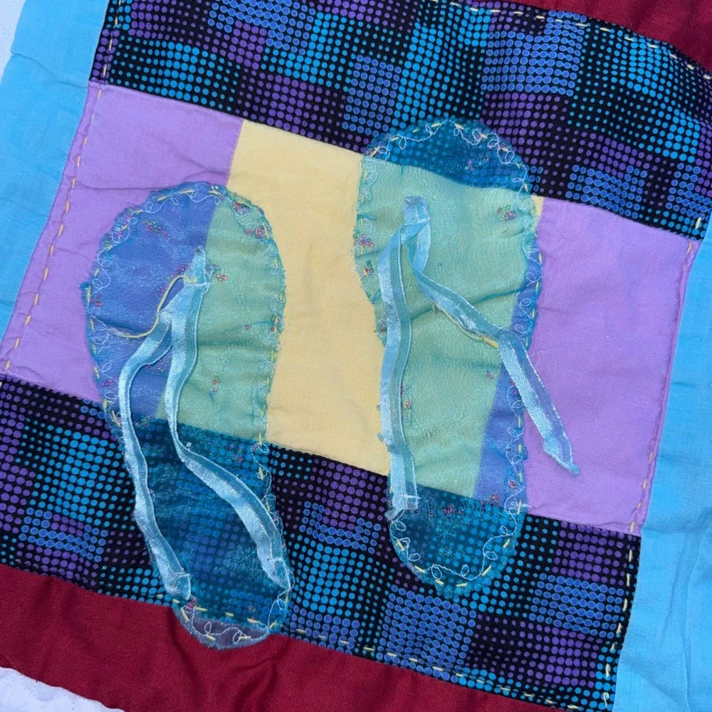 Handmade Folk Art Flip Flop Appliqué Quilt 51x65 Colorful Beach Cottage Boho